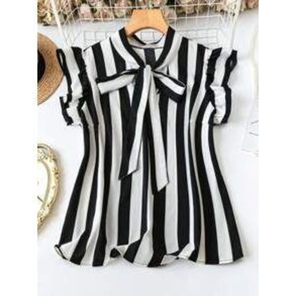 DreamSkyne Plus Size Black & White Stripe Tie-Sleeve Design Blouse, Casual Comm…